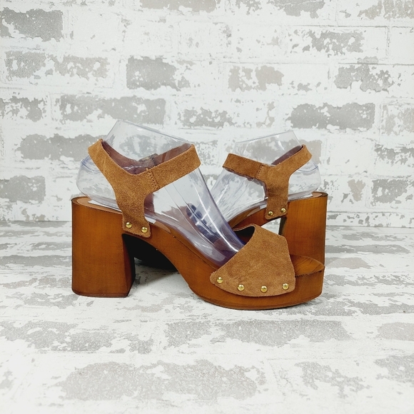 NEW Steve Madden Alabama Platform Brown Suede Wooden Studded Sandals F66 - Picture 3 of 11